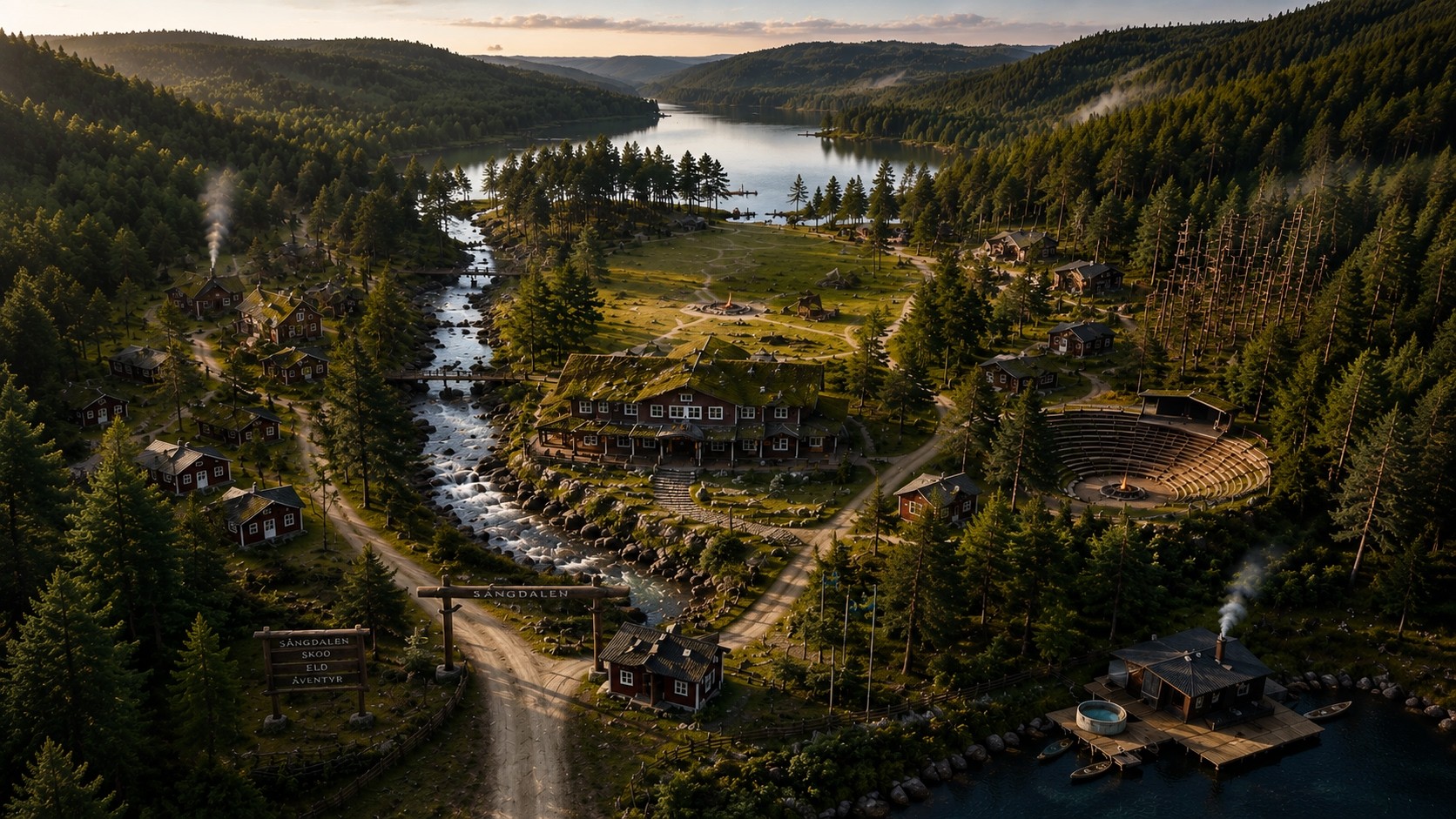 Aerial view of the Sångdalen valley — the same view that opens the journey